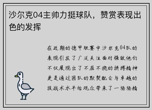 沙尔克04主帅力挺球队，赞赏表现出色的发挥